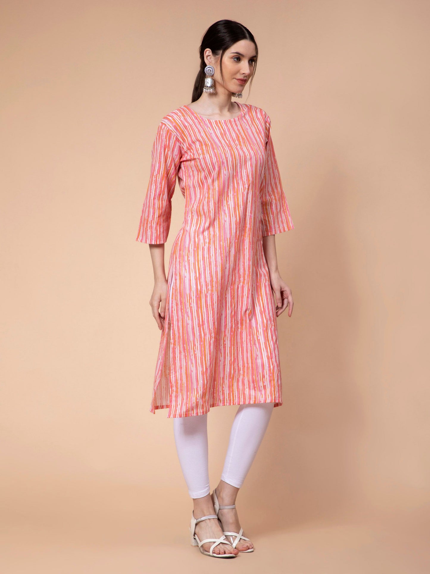 Fabclub Cotton Striped Straight Women Kurti (Peach)