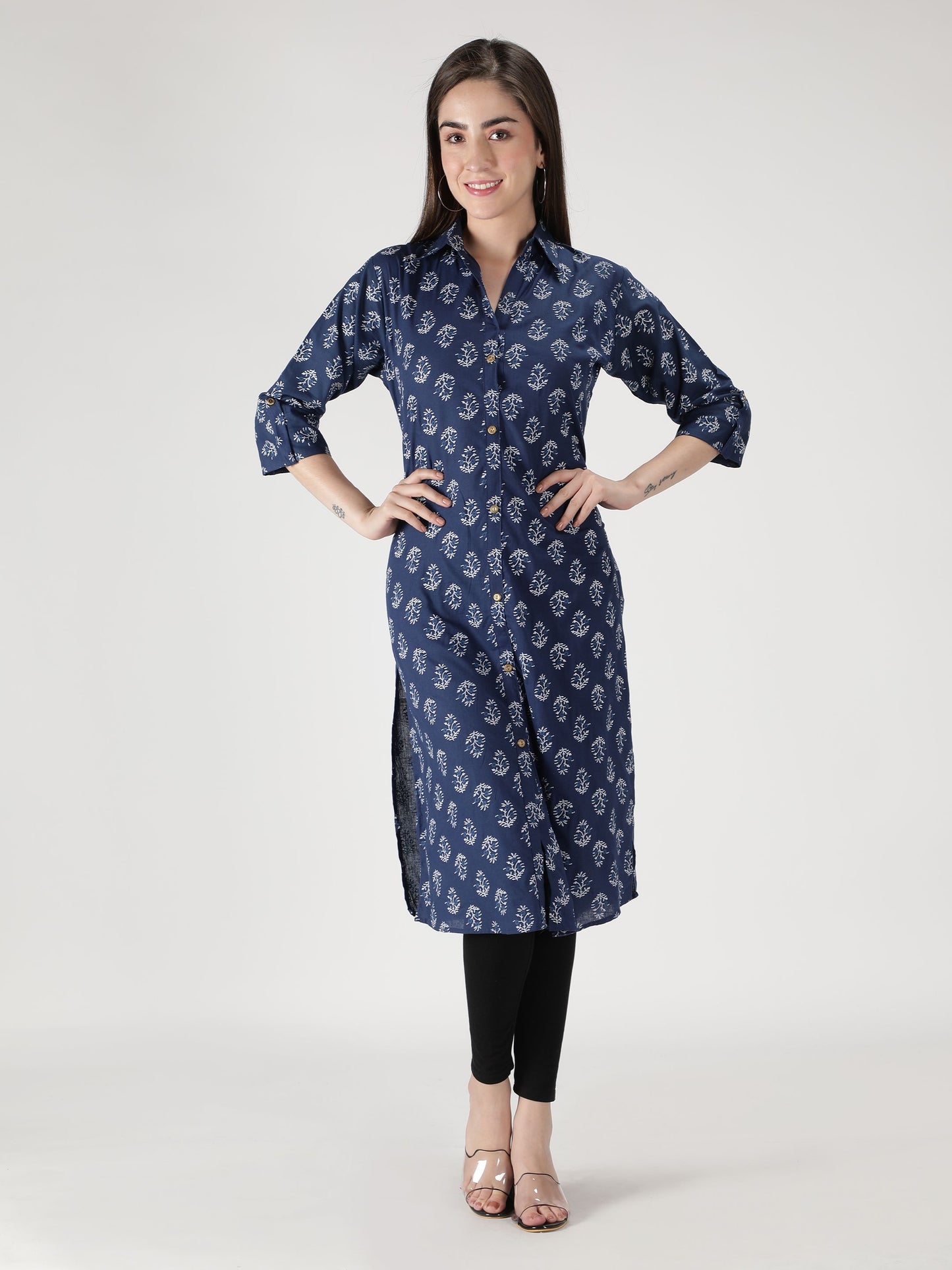 Fabclub Cotton Floral Printed Straight Women Kurti (Navy Blue)