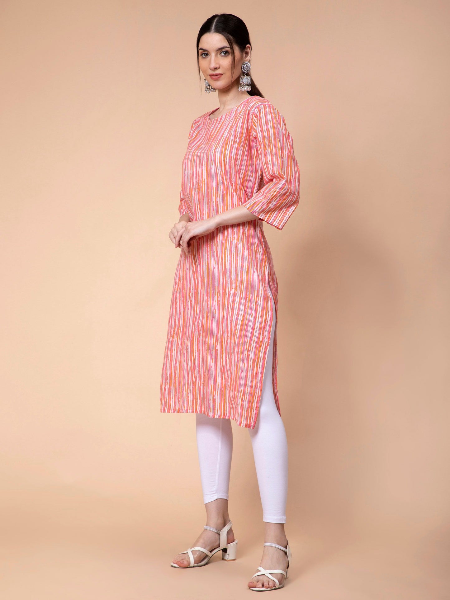 Fabclub Cotton Striped Straight Women Kurti (Peach)